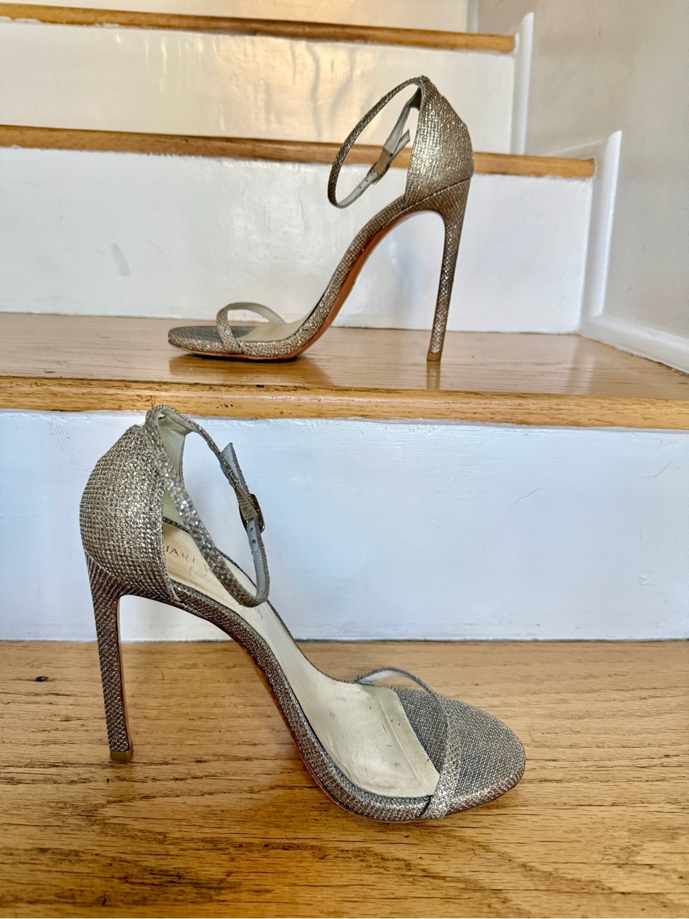 Stuart Weitzman Nudist Metallic Gold Ankle-Strap Stiletto Sandals ✨💛✨